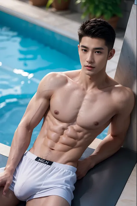 arafed boy in a hip white boxer brief, Full Body Shoot, Quiff haircut, look at camera, detailed facial parts, Manly, Charmer, Active Boy, Pool background, Sexy Pose, Sex Manaice, perfect anatomy, symmetric body, asian boy 19 years old, shirtless :: high de...