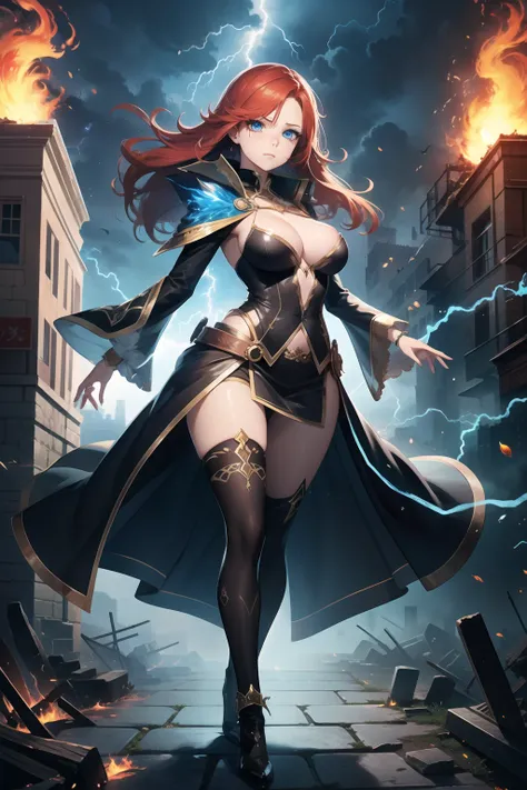 lightning storm, city ruins, beutiful redhead, blue eyes, medium teardrop breasts, sorcerer outfit, full body artwork, magic spell, flames, high quality artwork, insane details