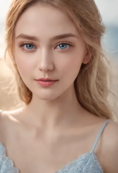 Ultra photo realsisim，Light blue thin long dress，poster for，Hyper-realistic，Hyper Real，Gaze at an 18-year-old girl in the distance，Blonde hair，Sapphire eyes，Delicate facial features1.3，Delicate fingers，The eyes are hopeful，ssmile，（Sunshine 1.5）Super light ...