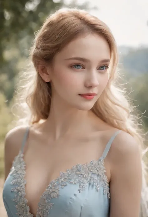 Ultra photo realsisim，Light blue thin long dress，poster for，Hyper-realistic，Hyper Real，Gaze at an 18-year-old girl in the distance，Blonde hair，Sapphire eyes，Delicate facial features1.3，Delicate fingers，The eyes are hopeful，ssmile，（Sunshine 1.5）Super light ...