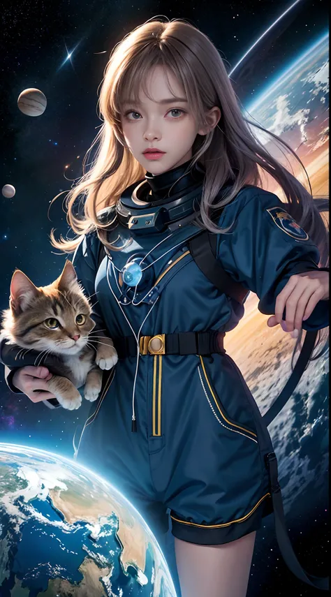 Cartoon illustration of a boy and girl in space with a cat, official fan art, in the universe, kittens in outer space, In outer space, In deep space, in a galaxy, Deep Space Exploration!!!, Space travelling, Wear on the stars and planets, Outer space, Oute...