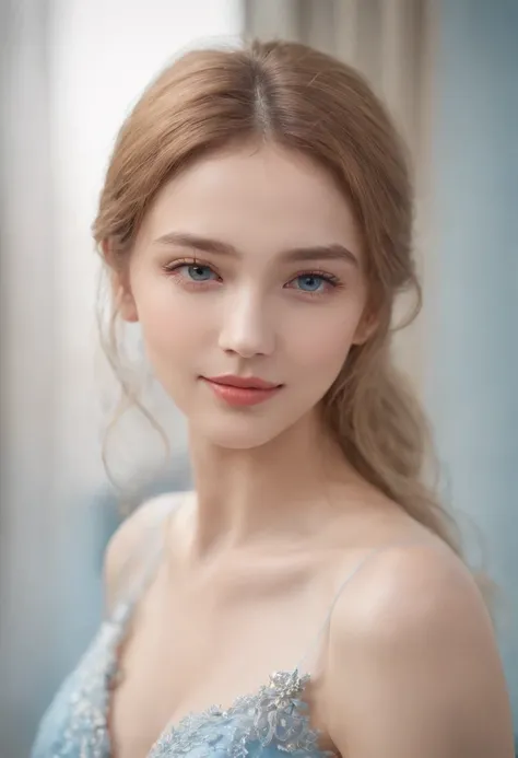 Ultra photo realsisim，Light blue thin long dress，poster for，Hyper-realistic，Hyper Real，Gaze at an 18-year-old girl in the distance，Blonde hair，Sapphire eyes，Delicate facial features1.3，Delicate fingers，The eyes are hopeful，ssmile，（Sunshine 1.5）Super light ...