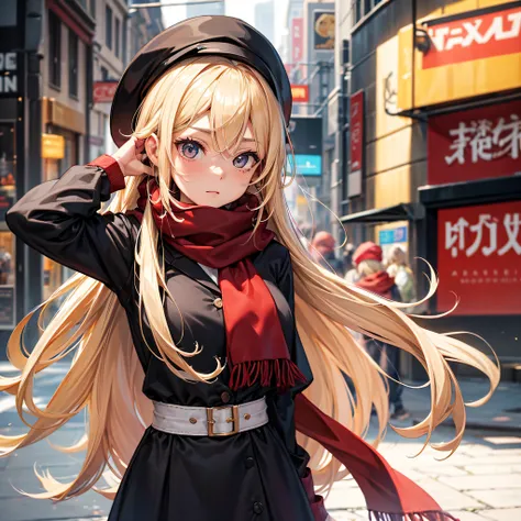 Caucasian Woman, Blonde hair, Cute, Black hat, red scarf, Im in a lot of trouble,Holding your head