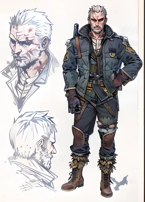 long coat man,short fluffy hair style , with many weapons, with gun, monster hunter ,with Wounds on face , handsome brave man, look like hunter , young and bad ass type