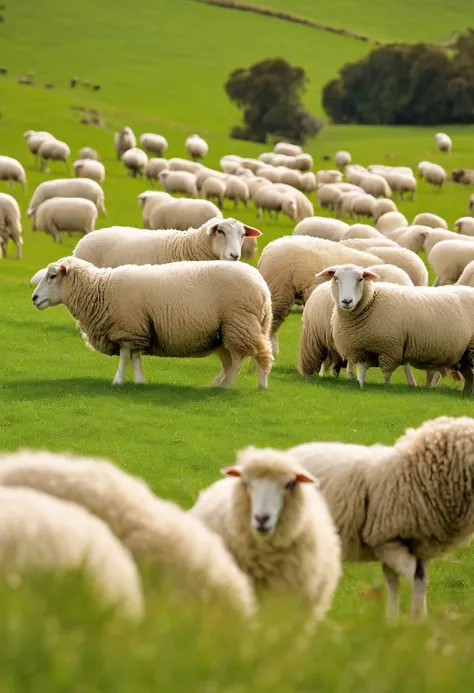 pecora，A flock of sheep，Green meadow，White cloudless sky，new zealand，4K，k hd