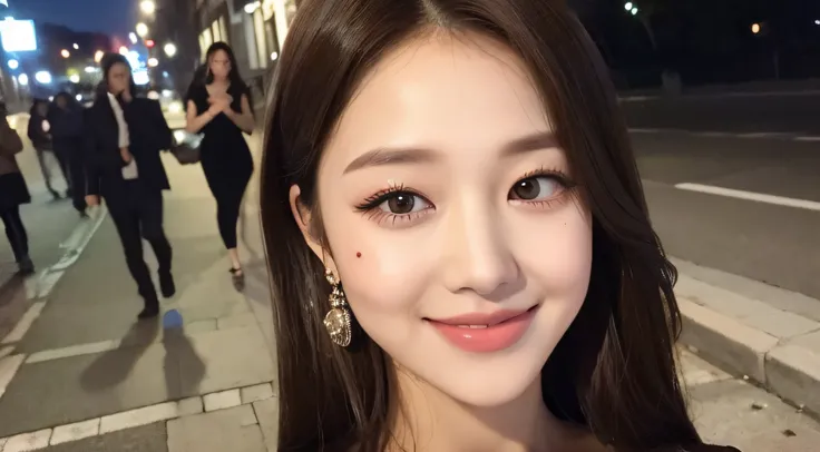 ((Best quality, 8k, Masterpiece :1.3)), 1girl, smiling, full body, slim face, Pretty woman, (Dark brown hair), full length dress :1.1, Ultra-detailed face, Detailed eyes, Double eyelid, blur background, slim face, city, outside, street,