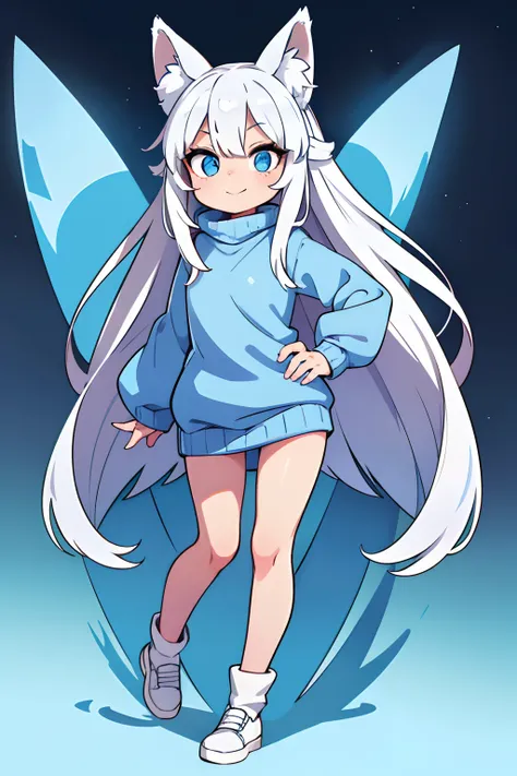 1girl, long white hair, blue eyes, wearing only blue sweater, fox ears , absurdres, high res, ultrasharp, 8K, masterpiece, small, full body , chibi , cute , happy, looking at viewer