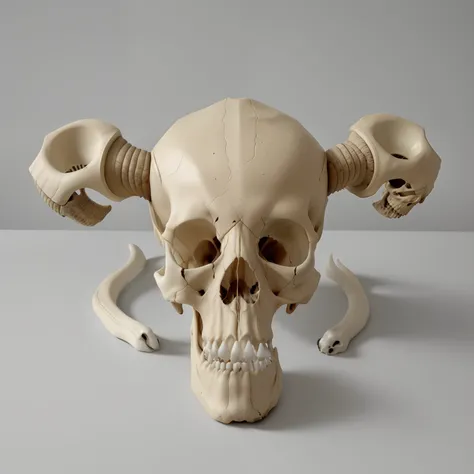 there is a skull with two horns and a skull with a skull ring, there is a skull over a table, anatomically correct skeleton, skull protruding from face, human skull, skull, skulls are lying underneath, ((skull)), skull bones, a skull of an alien creature, ...