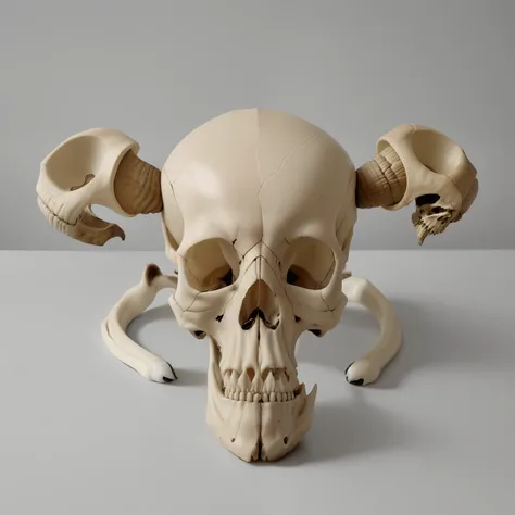 there is a skull with two horns and a skull with a skull ring, there is a skull over a table, anatomically correct skeleton, skull protruding from face, human skull, skull, skulls are lying underneath, ((skull)), skull bones, a skull of an alien creature, ...