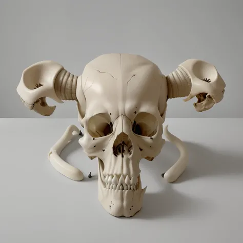 there is a blue skull with two horns and a skull with a skull ring, there is a skull over a table, anatomically correct skeleton, skull protruding from face, human skull, skull, skulls are lying underneath, ((skull)), skull bones, a skull of an alien creat...