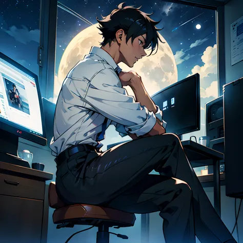 Shinkai Makotokaze,Black-haired boy,Sitting back view,In front of two monitors,Profile not visible,Moon, stars and clouds outside the window