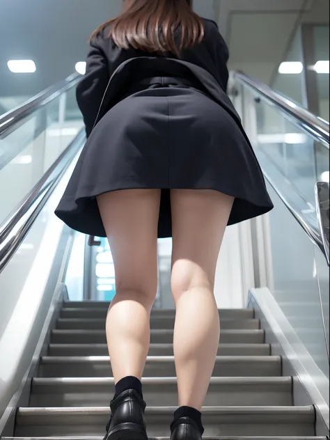 Up Escalator Skirt、short coat、bottom body close up、View from behind、Very low camera angle、Slouched、bent forward、Panchira