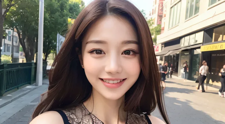 ((Best quality, 8k, Masterpiece :1.3)), 1girl, smiling, full body, slim face, Pretty woman, (Dark brown hair), full length dress :1.1, Ultra-detailed face, Detailed eyes, Double eyelid, blur background, slim face, city, outside, street,