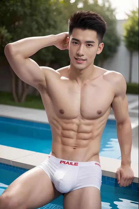 arafed boy in a hip white boxer brief, Full Body Shoot, Quiff haircut, look at camera, detailed facial parts, Manly, Charmer, Active Boy, Pool background, Freestyle Pose, Happy Expression, Sex Manaice, perfect anatomy, symmetric body, asian boy 19 years ol...