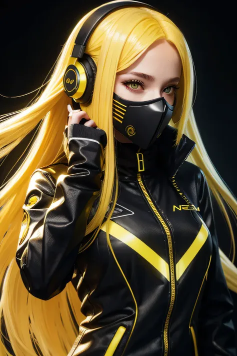 girl with long yellow hair, yellow eyes, futuristic vibes, mask on mouth, headphones, 8k, high quality, simple background, glowi...