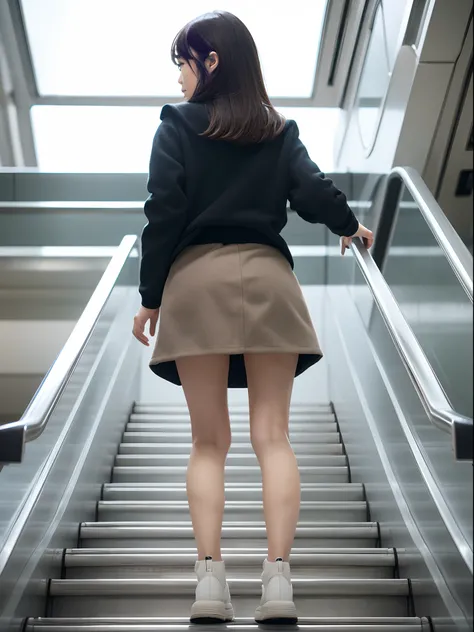 Up Escalator Skirt、short coat、bottom body close up、View from behind、Very low camera angle、Slouched、bent forward、Panchira