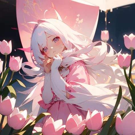 (​masterpiece、top-quality)、Surrounded by pink tulips、1 girl with long white hair、Put your hands under your chin、Warm lighting、Pink dress blurred foreground