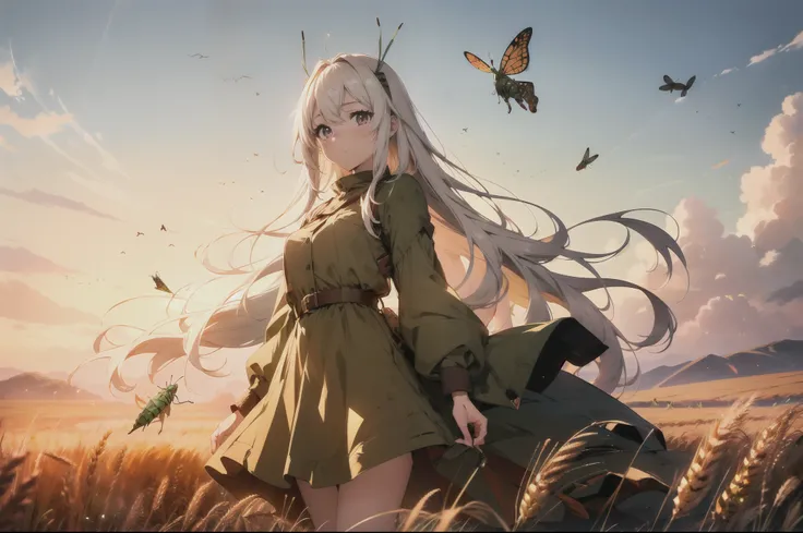 1 girl, standing in wheat field , (((grasshoppers fill the screen ))), cowboy shot ,high resolution,(incredibly absurdres), (hires.fix:1.3),anime visual,extremely detailed CG unity 8k wallpaper, ((masterpiece)), ((top-quality)), (beautiful illustration,bac...