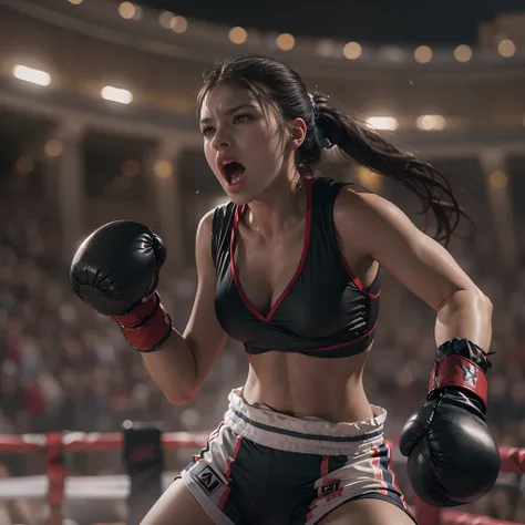 **render**: Capture in 8K, Intense moments of boxing at the Greek Colosseum. The Girl, Wearing athletic clothes, And her long black ponytail, Combined with her impeccable details, It is the center of the scene. When she launched a suppression attack, Her m...