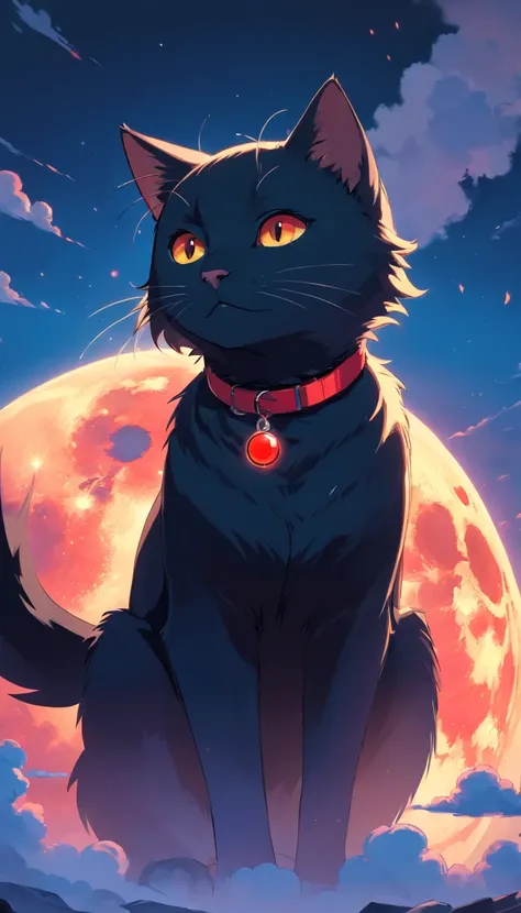 best quality, 8k, a black cat with red collar, blue flames on parts of its body lying on a moon, clouds scene