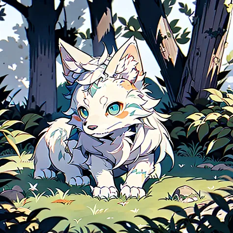 There was a pure white wolf animal sitting on the grass and looking at the sky,No décor,quadrupedal，blue color eyes,canid,coyote,hand painted cartoon art style，Artistic cover，kawaii cutest sticker ever，stickers illustrations，Chai Mansion，Yoshinari Kono，Cut...