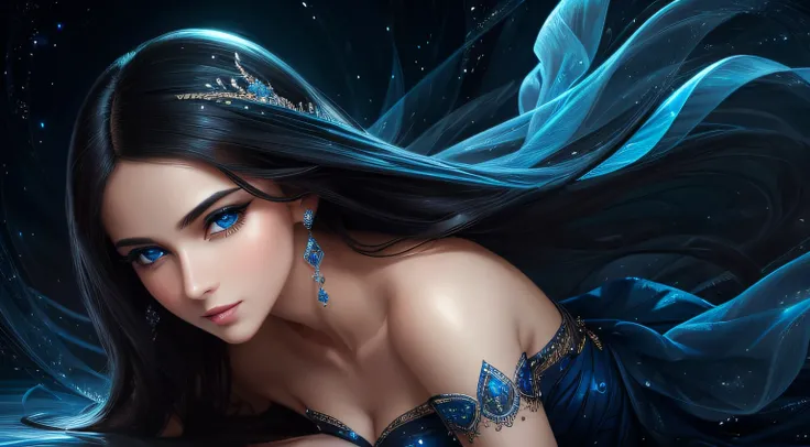 (best quality, ultra-detailed, highres:1.2), beautiful detailed eyes, perfect face shape, long flowing black hair, sparkling blue dress, seductive expression, mesmerizing blue eyes, delicate features, flawless skin, enchanting atmosphere, magical lighting,...