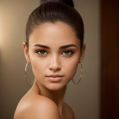 A photorealistic portrait of a insanely beautiful tanned Brazilian young woman with no makeup, mixed race, caucasian, skin is tanned, extremely detailed brown eyes, hair is in a sleek bun, detailed symmetric realistic face, realistic facial proportions, ex...