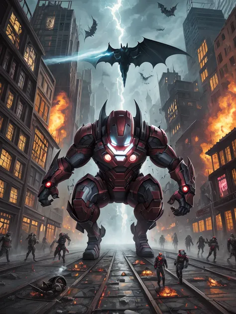 swarm of horrible and scary Ironman gang battle creepy batman gang , invade city, mob running away, city onfire and smoking, in the style of ghibili,disneys,shonen-jump,aomori, mixed media, surrealism painting, a journey into my imagination, detailed, eleg...