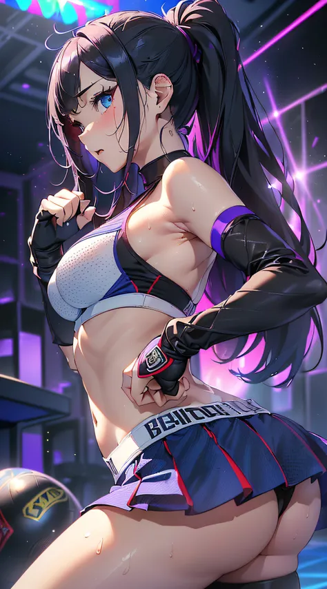 top-quality、Top image quality、​masterpiece、girl with((cute little、18year old、Best Bust、Medium bust、Bust 85,Beautiful blue eyes、Breasts wide open,Long Black Hair、A slender、Middle knot、Black Sports Bra、White short skirt,Reflecting the whole body、Black perfor...