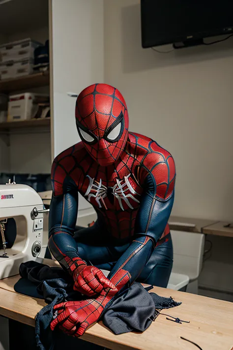 Marvels Spider-Man sewing his outfit on a sewing machine.