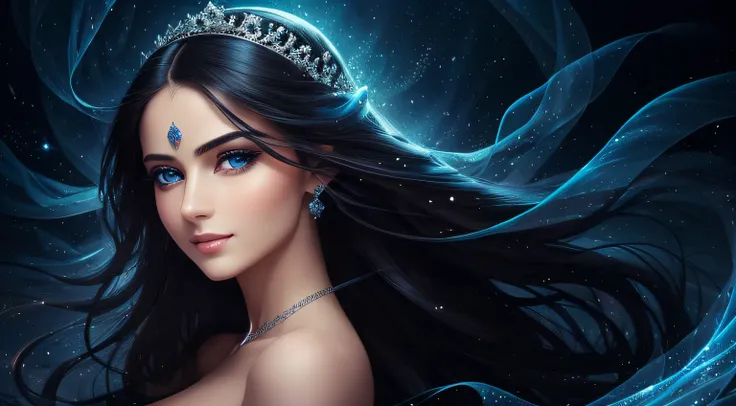 (best quality, ultra-detailed, highres:1.2), beautiful detailed eyes, perfect face shape, long flowing black hair, sparkling blue dress, seductive expression, mesmerizing blue eyes, delicate features, flawless skin, enchanting atmosphere, magical lighting,...