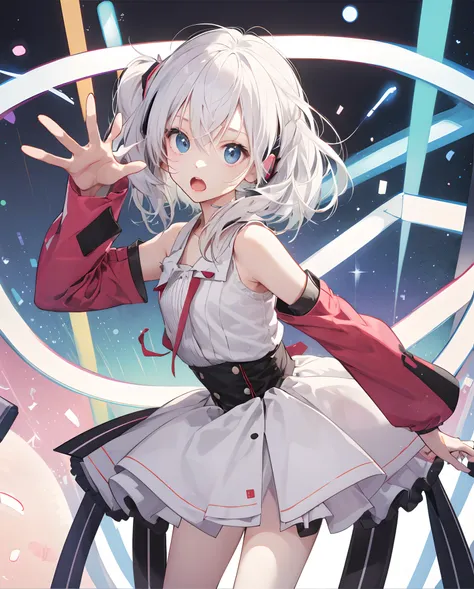 White-haired loli、Stand up straight、Facing the viewer、Put your hands on your cheeks、Open your mouth with a surprised look、Pop design、Plain background、Vocaloid style、