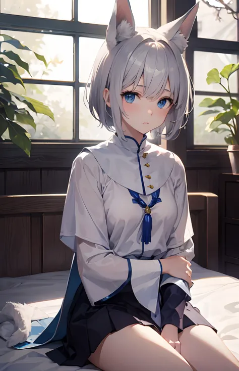 ​masterpiece,Top image quality,hight resolution,imagem 4k,Raw photo,Photorealsitic,{Solo},teens girl,silber hair,Bery short hair,stare at each other,Blue eyes,小柄,Silver fox ears,Fox tail,,Shy face,,boyish,Monastic uniforms,Cultivated woman,on the beds,