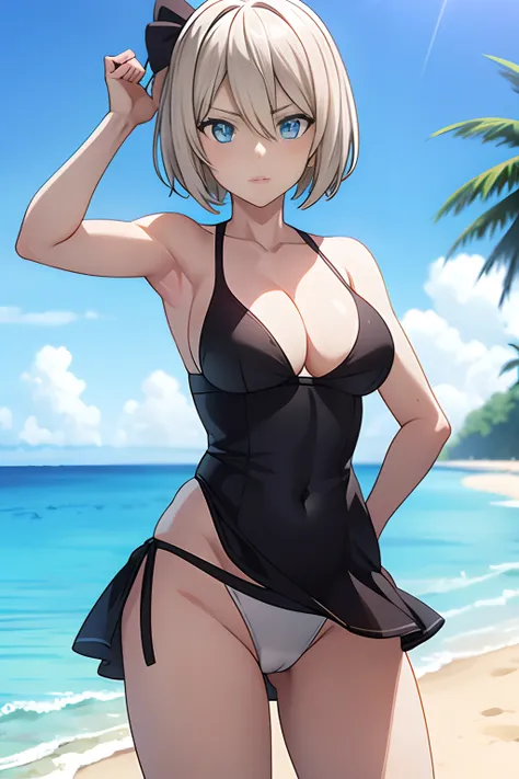 Create an image of 2B in Detailed Swimsuit 2 Parts Fitted Bikini Style On The Beach Serious Facial Expression, anime