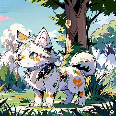 There was a pure white wolf beast sitting on the grass and looking at the sky,quadrupedal，The coat color is pure white,No noise,canid,coyote,hand painted cartoon art style，Artistic cover，kawaii cutest sticker ever，stickers illustrations，Chai Mansion，Yoshin...