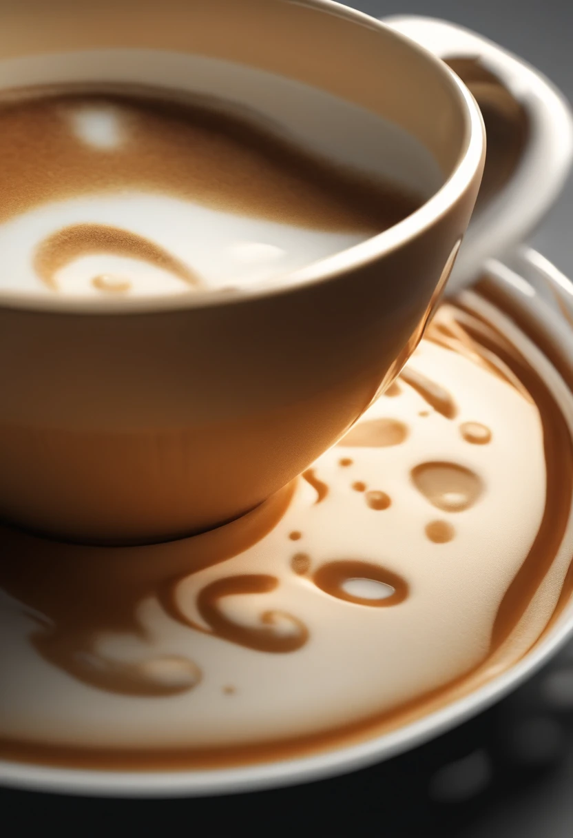 latte，C4D，closeup cleavage，Milk molecules，CG，3D rendering，4K