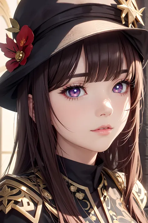 face, closeup, closeup shot, shiny hair, shiny clothes, shiny, extremely detailed eyes, extreme details, realistic, cinematic, detailed, masterpiece, 4k, 8k, , PunkAI,, FantasyAI_Burple,, indoors, hu tao (genshin impact), genshin impact, hat, symbol-shaped...