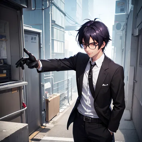 1 male,, 24 year old, masculine, Messy purple hair, Attractive, Black rectangular glasses, Black Detective Suit, Black tie, White shirt, Black belt, Black pants, long big eyes of green color,, Smirk, Mischievous, gloves, Trending on ArtStation, 8K resoluti...