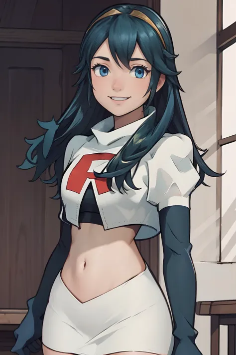 lucina fe, rocket,team rocket uniform, red letter R, white skirt,white crop top,black thigh-highs,black elbow gloves, blue hair, smile