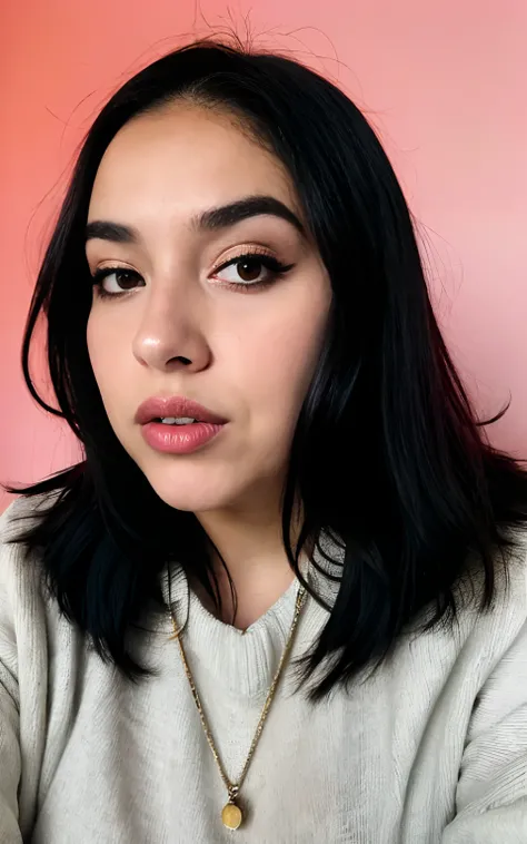 photorealistic, sharp focus, raw photo, amateur photo, beautiful chubby 26 y.o latina-spanish girl, face like Dua Lipa, stylish goth make up, take a selfie, long black hair, fat instagram model , chubby cheeks, bedroom background, oversized sweater, detail...