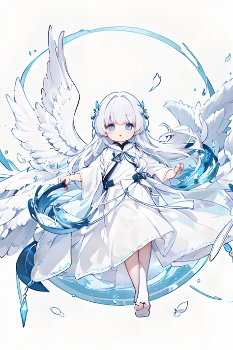 (独奏、angelicales、8K、Masterpiece、)Background Simple、Circle of Angels、White dress、Light blue eyes、White hair、White feathers