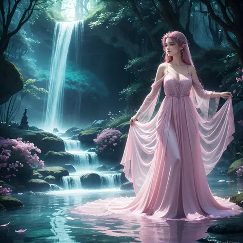 A woman in a pink dress is walking through the water, very magical and dreamy, ethereal beauty, magic robe, ethereal fairy tale, ethereal glow, very ethereal, ethereal and dreamy, fantasy gorgeous lighting, extremely beautiful and ethereal, vestido de fant...