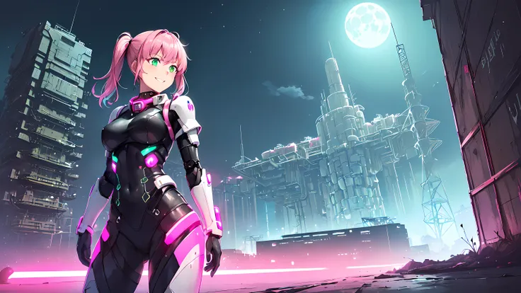 ​masterpiece, 1girl ((20year old, dressed in purple and pink tight futuristic bodysuit, Mech Armor, boots, medium breasts, multicolor pink hair, twin ponytails, perfect model body, green eyes:1.4, flirting, happy, big smile, standing in front of a futurist...