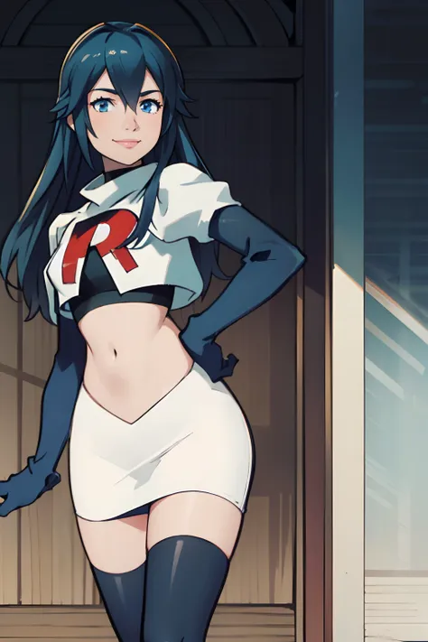 lucina fe, rocket,team rocket uniform, red letter R, white skirt,white crop top,black thigh-highs,black elbow gloves, blue hair, smile