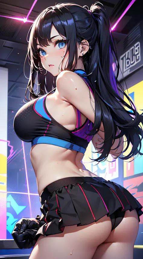 top-quality、Top image quality、​masterpiece、girl with((cute little、18year old、Best Bust、Medium bust、Bust 85,Beautiful blue eyes、Breasts wide open,Long Black Hair、A slender、Middle knot、Black Sports Bra、White short skirt,Reflecting the whole body、Black perfor...