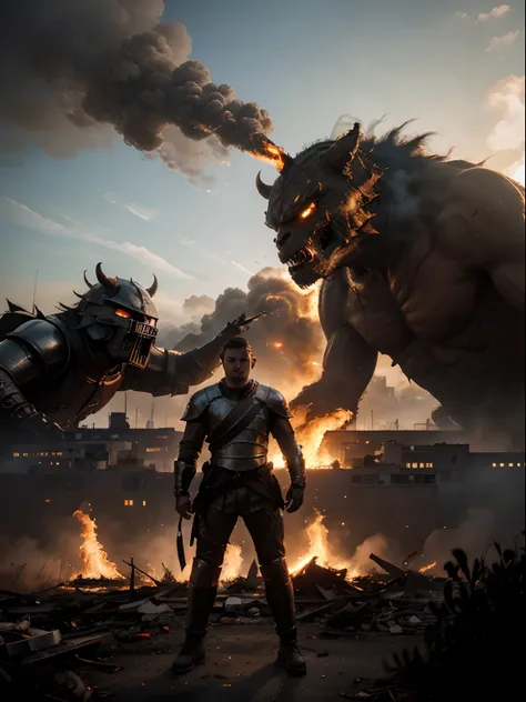 Photo of a young man hero in shining armor, Fight giant monsters made of thick black smoke, Set in a cityscape with fiery buildings, Some collapsed, And the sky was filled with thick smoke. Stabbing the Monster