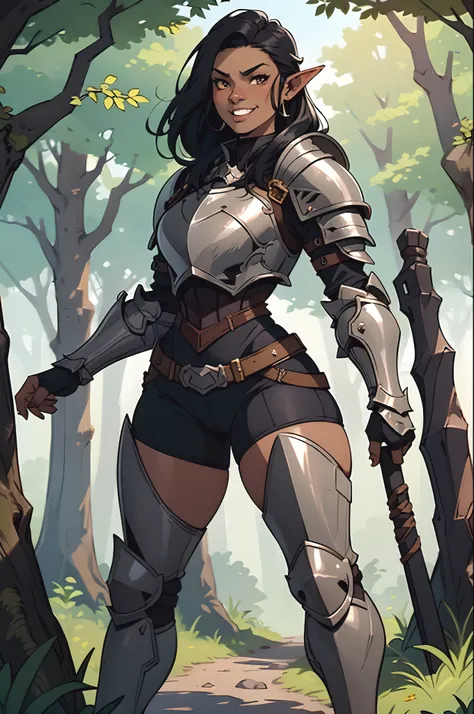 Solo, orc, girl, standing, black hair, muscular, (tusks, underbite), forest, teeth, ((armor, chestpiece, knight)), thick lips, smirking, darker skin