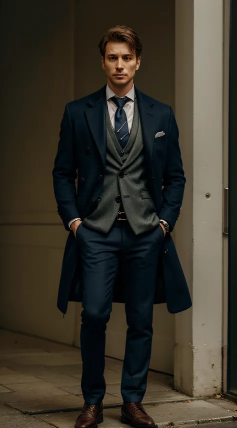 A man wearing pant, coat, waist coat, tie, shirt and watch with one hand in the pocket and the other out, standing slightly tilted by one leg, Photography, Hyper Extremely Realistic