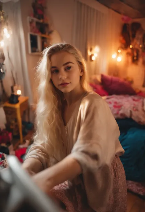 13 years old blonde girl taking selfie front of a mirror in messy room