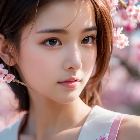 (best quality,8k,masterpiece:1.2),close-up face,beautiful detailed face,sakura blossom,official art,photorealistic:1.37,cropped top,eye contact,slim figure,teen,face light,film grain,color aberration,sharp focus,dynamic lighting,movie lighting